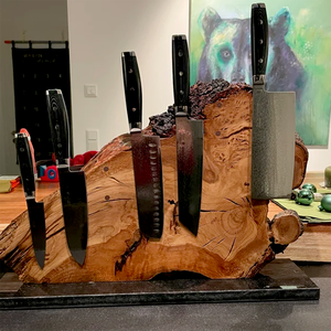 Bloc organisateur de couteaux de rangement rond en bois de teck avec finition lisse pour organiser les couteaux de cuisine et les accessoires - Product Image 5