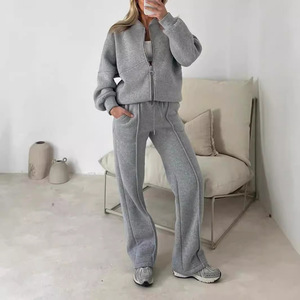 Women's 2025 New Arrivals: Stylish Casual Two-Piece Set Solid Color Long-Sleeve Sweatshirt Zip-Up <strong>Trousers</strong> - Product Image 1