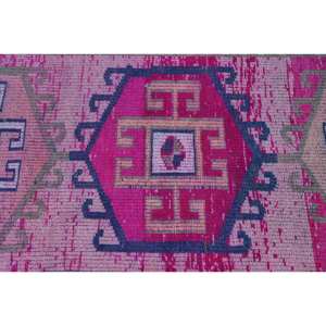Tapis Turc Vintage Authentique 3 X 11.2ft Boho Jacquard Technique Patchwork Abstrait Rose Bleu Laine Latex pour Couloir Chambre Décor - Product Image 5