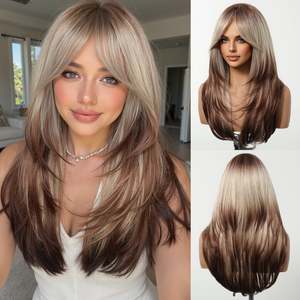 Erica-DWY 22-Inch Glueless Synthetic <b>Wig</b> for Women Machine Made Mid-Length Straight Bleach Blonde <b>Brown</b> Ends Transparent Lace - Product Image 2