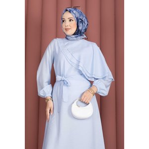 Vestido Azul Bebé con Cinturón y Detalle de Capa en Capas, Cintura Natural, Tela de Chifón Transpirable - Product Image 2