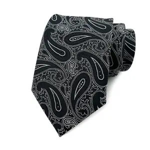 Vente en gros de vêtements de bureau en polyester brodé noir blanc personnalisé, mode tendance, accessoires de costume en soie imprimée, cravate pour hommes avec étiquette