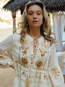 Robe de soirée haute couture brodée imprimée tricotée à la main de créateur à manches trois-quarts pour femmes - Product Image 4