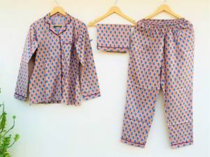 Pijama indio 100% de algodón puro para adultos, ropa de noche transpirable y cómoda con estampado Floral para todas las estaciones - Product Image 3