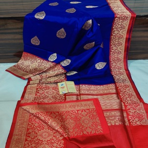 Saris en soie de brocart pur sur mesure, idéaux pour la revente par les créateurs de vêtements et les créateurs de mode en sari bleu et bordure rose - Product Image 2
