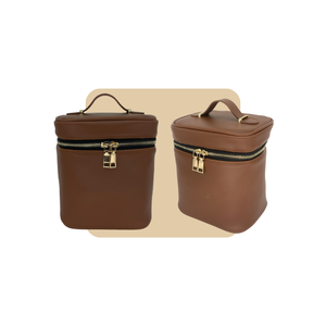 La nueva bolsa de cosméticos con logotipo personalizado, bolsas de cosméticos de maquillaje de material PU marrón claro con cremallera - Product Image 6