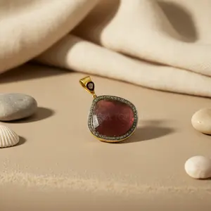 Collier pendentif géométrique en rubis plaqué rhodium pour femmes, or 14 carats, or rose, design floral tendance, cadeau - Product Image 2