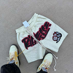 Streetwear brodé à impression bouffante personnalisée Short de survêtement vintage délavé à l'acide avec cordon de serrage en détresse et strass - Product Image 4