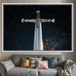 Toile 3D Épée de Samouraï : Impression murale moderne en verre trempé, TOILE ENCADRÉE BLANCHE - Product Image 1