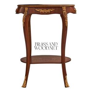 Mesa Auxiliar Ovalada de Lujo Estilo Francés de 2 Niveles con Incrustaciones Florales Coloridas y Detalles Ornamentales en Latón Dorado para Decoración de Palacios - Product Image 2