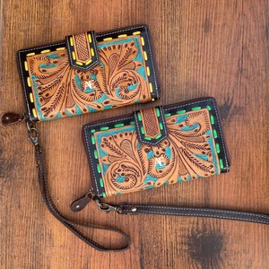 รูปแบบตะวันตกมือเครื่องมือแกะสลักกระเป๋าสตางค์คลัทช์เคสโทรศัพท์มีสไตล์หลายใช้หนังกระเป๋าสตางค์มาใหม่สําหรับผู้หญิง - Product Image 1