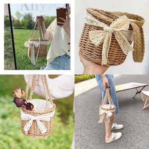 Vintage Natural Rattan Round Straw <b>Bag</b> With Burlap Handle Lace Bow Summer <b>Beach</b> Handbag - Product Image 4