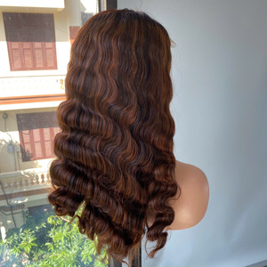 Pelucas con flequillo de cabello virgen marrón para mujer, peluca larga con ondas profundas y frente de encaje, densidad del 250% - Product Image 4