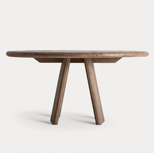 Table de salle à manger nordique moderne pour la maison, style bistrot asiatique, en bois de manguier massif, plateau rond épais, finition brun naturel, base sur piétement de forme angulaire - Product Image 4