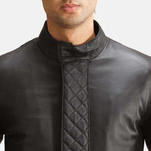 Midlander Casual <b>Black</b> Leather <b>Coat</b> Quilted Pattern Hooded Overcoat Wool Filling Button Genuine Knitted Lightweight Soft - Product Image 5