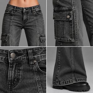 Vaqueros <span class=keywords><strong>cargo</strong></span> de <span class=keywords><strong>mujer</strong></span> de tiro bajo, corte bootcut, en denim color carbón, con bolsillos <span class=keywords><strong>cargo</strong></span>, pliegues frontales y herrajes en acabado mate color bronce. - Product Image 3