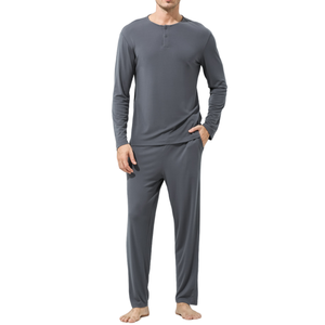 Pyjama en coton pour homme, taille plus, tricot doux, vêtements de détente, pyjama en bambou, col boutonné, respirant, ensemble de pyjama - Product Image 1