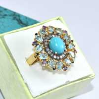 Bague Vintage Art Déco Bleu Turquoise Argent Sterling 925 Plaqué Or 14K Qualité Supérieure Certifiée IGI Cadeau de Noël Bijoux