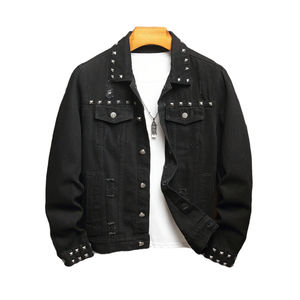Veste en jean décontractée noire pour homme STITCHMODE avec style punk délavé, col montant, fermeture à simple boutonnage - Product Image 6