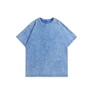 Personnalisé 100% Coton Hommes T-Shirts Lavé Bleu Surdimensionné Vintage Casual Tee 3D Broderie Streetwear 300gsm Style Lourd - Product Image 1
