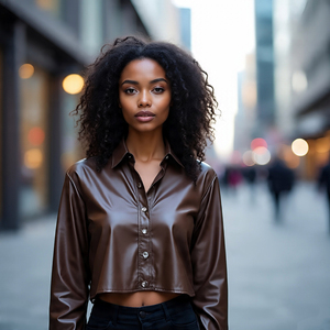 Crop Streetwear Short Sleeves Windproof Genuine Leather Shirts | 2025 Women Outerwear Fashion Turn <b>Down</b> Collar Leather Shirt - Product Image 4