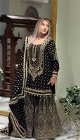 Ensemble Salwar Kameez tendance en Faux Georgette épais avec broderie et sequins, et Dupatta à bordure en dentelle, pour femme, idéal pour les fêtes ethniques et les occasions d'hiver