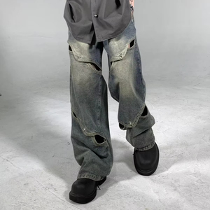 กางเกงยีนส์เอวสูงย้อนยุคสำหรับผู้ชายกางเกงแฟชั่นขากว้างดีไซน์แบบเย็บใหม่กางเกงยีนส์สไตล์เรียบง่ายไซส์ใหญ่พิเศษแนวสตรีทสูง - Product Image 3