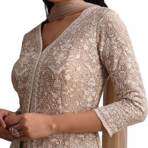 Beige Lucknowi Kurti Palazzo Set con Net Dupatta Venta al por mayor Mujeres Ropa étnica OEM Proveedor de fábrica de ropa Étnico personalizado - Product Image 5
