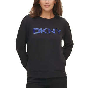 Felpa Corta da Donna DKNY XS con Logo in Paillettes, Nera/Blu, Felpa con Cappuccio Lavorata a Maglia - Product Image 1