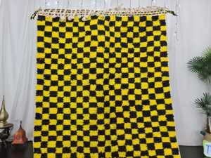 Beni Ourain tapis en laine marocaine authentique tapis berbère fait à la main jaune vif noir motif abstrait à carreaux Style bohème - Product Image 5