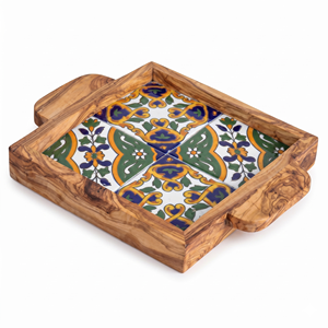 Unique Custom Square Serving <b>Tray</b> - Olivewood & Ceramic Ottoman <b>Tray</b> for Trendy Coffee Table Styling - Product Image 1