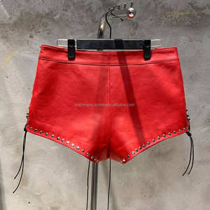 Fashionable Red Women Casual <b>Leather</b> Lace <b>Shorts</b> with Drawstring Closure Belt Loops Side Stripes for Party & Daily Wear - Product Image 2