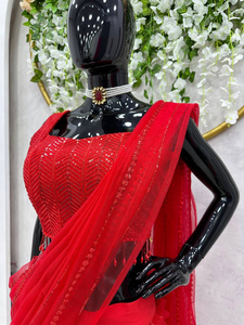Latest Designer Party and Wedding Wear Butterfly <b>Net</b> <b>Fabric</b> Thread With Sequence Embroidered Lehenga Saree Ready to Wear - Product Image 5