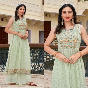 Anarkali Kurti de trabajo hecho a mano indio-pakistaní con pantalón traje cosido completo de dos piezas para mujer - Product Image 2