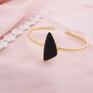 Chính thức mặc bán buôn Cabochon đen Onyx Đá Quý mở Cuff trở lại có thể điều chỉnh vòng đeo tay handmade vàng Đồ trang sức mỹ OEM Vòng đeo tay