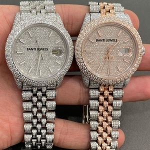 Montre de luxe antique en moissanite sertie de pierres, brillance VVS, bijoux hip-hop, acier inoxydable, cadran en verre, bracelet 20 mm, double mouvement, unisexe - Product Image 2