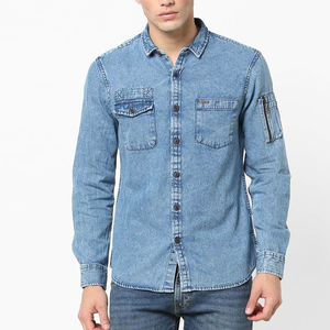 2025 délavé à l'acide bleu Denim chemise pour hommes décontracté col rond bouton veste Style grande taille t-shirt OEM en gros livraison gratuite - Product Image 1