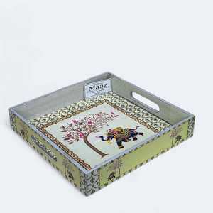 Custom Printed Modern MDF Wooden Christmas <b>Tray</b> <b>Enamel</b> Coating Eco-Friendly Floral/Fruit Design Square Handle Indian - Product Image 3