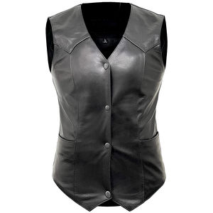 Gilet de motard personnalisé pour femmes en cuir véritable pleine fleur coupe-vent col en V style extérieur gilet d'hiver avec conception personnalisée - Product Image 1