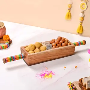 Bandeja Rectangular de madera con asas envueltas en hilo de colores Bandeja de servicio decorativa Bandeja de madera rústica para decoración del hogar Fiesta - Product Image 3