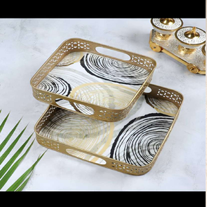ถาดเสิร์ฟโลหะทรงสี่เหลี่ยมพิมพ์ลาย2ชิ้นสีทองโทนสีขาวพร้อมเครื่องประดับคริสตัลสุดสร้างสรรค์เครื่องประดับผู้ขายอินเดียถาดทรงสี่เหลี่ยมผืนผ้า - Product Image 5