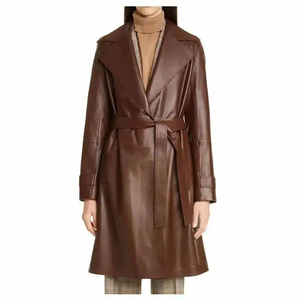 Abrigo de Cuero Tipo Gabardina para Mujer, Piel de Oveja Genuina, Color Marrón, Abrigo Largo de Invierno - Product Image 4