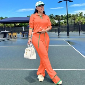 Autumn Winter Knitted Casual Tracksuit <b>Women</b> Two Piece Set Sporty Fitness Striped Sweater <b>Top</b> and Wide Leg Pants Jogging - Product Image 4