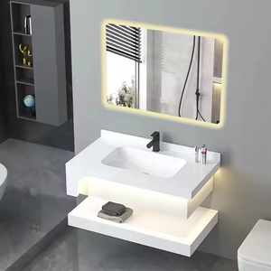 Mueble de Baño Moderno de Lujo con Lavabo de Pizarra, Gabinete Flotante de Pared, 2 Estantes, Tiradores de Acero Inoxidable, Hecho de Madera - Product Image 1