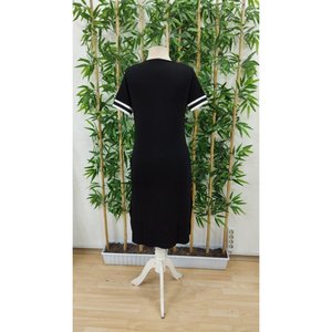 Women's Short Sleeve V-Neck Midi Length <b>Viscose</b> <b>Dress</b> with Ribbed Sleeves and Collar Detail, 37157 - Black - Product Image 6