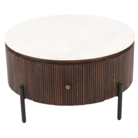 Table basse de salon moderne en bois de manguier massif européen, plateau cannelé brun, finition artisanale, plateau en marbre blanc, pieds en métal noir