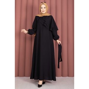 Robe de soirée noire coupe trapèze avec cape et ceinture, style modeste, coupe confortable, ornée de sequins et de perles, taille XL, longueur ras du sol - Product Image 5