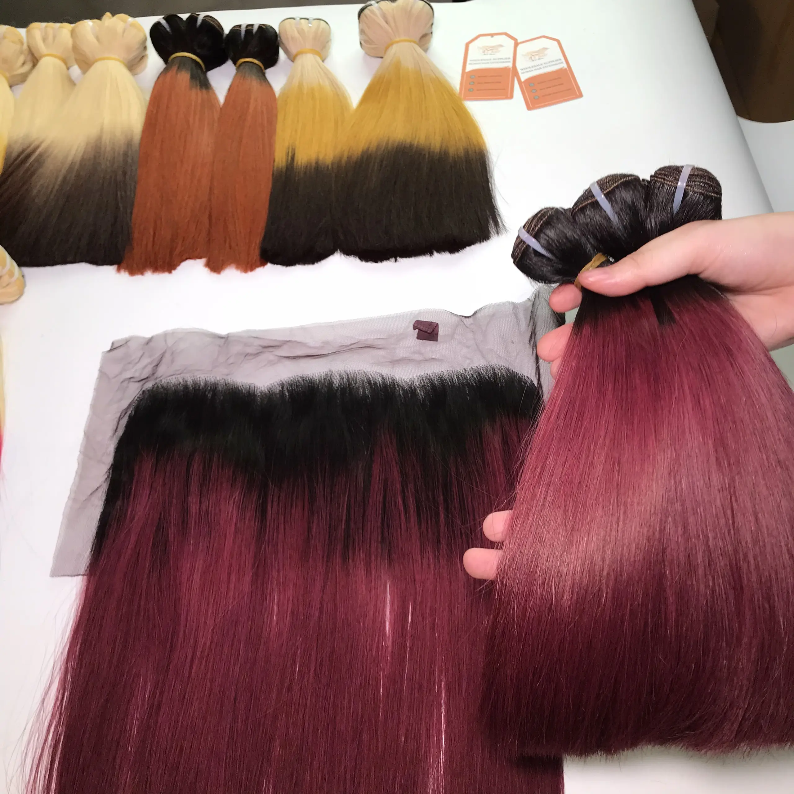 Super bone straight ombre purple hair extension and matching closure with 100% cuticle aligned virgin hair