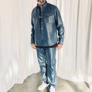 High Quality Men Cowhide Leather Jacket and <b>Pants</b> Set Casual Fashion Men Leather Jacket and Trouser Set - Product Image 1