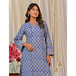 Blue <b>Block</b> <b>Printed</b> Anarkali Kurta Pant Set Indian Ethnic Style Cotton Net Fabric Embroidery Party Wear for Special Occasions - Product Image 1
